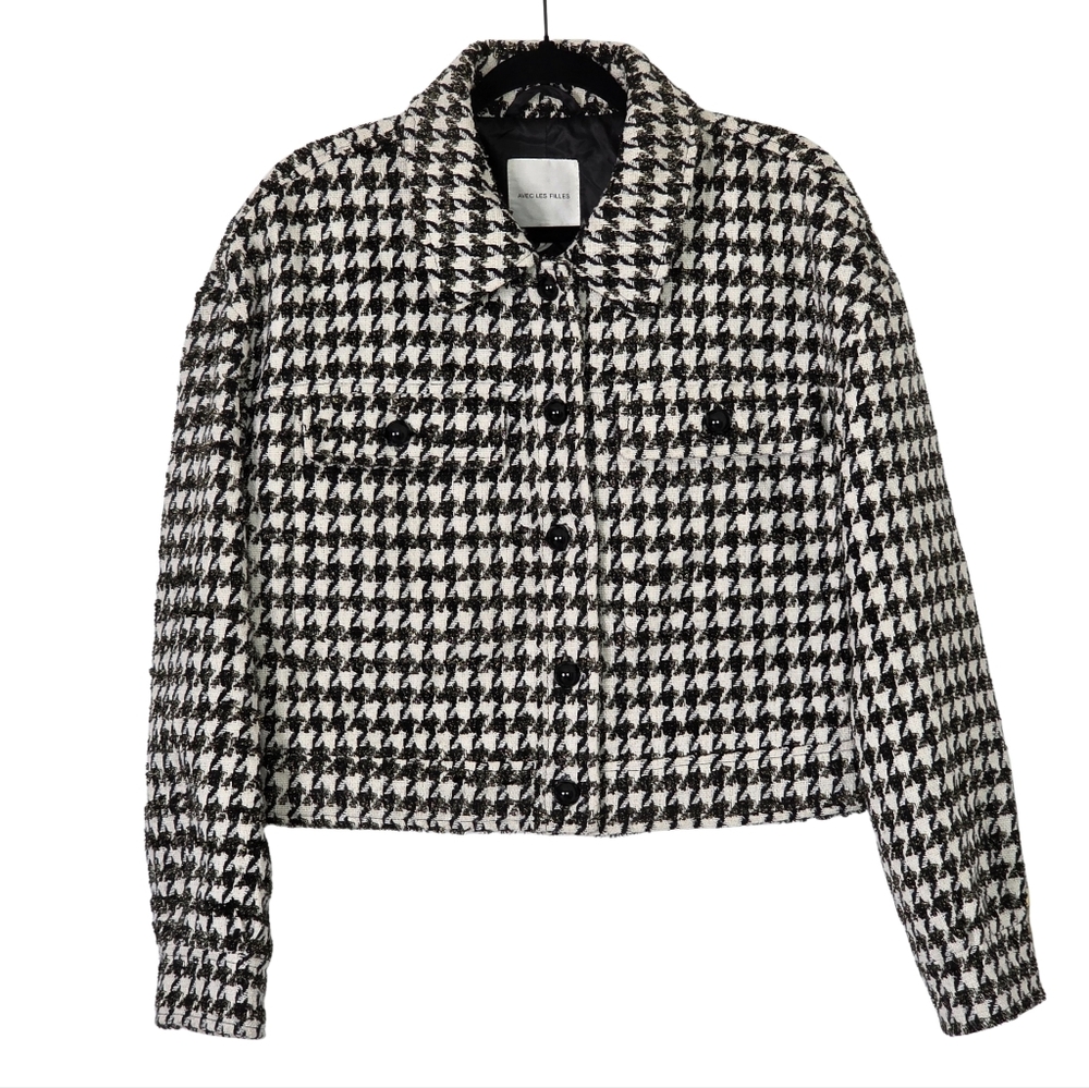 Avec Les Filles Houndstooth Jacket Size Large Cropped Black/White